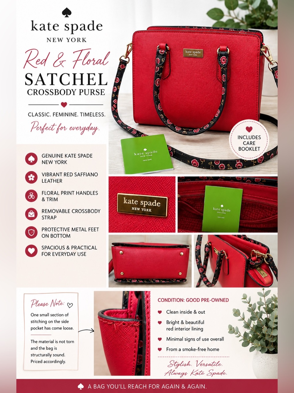 Kate Spade New York Red Floral Saffiano Leather Satchel Crossbody Purse - Picture 8 of 10